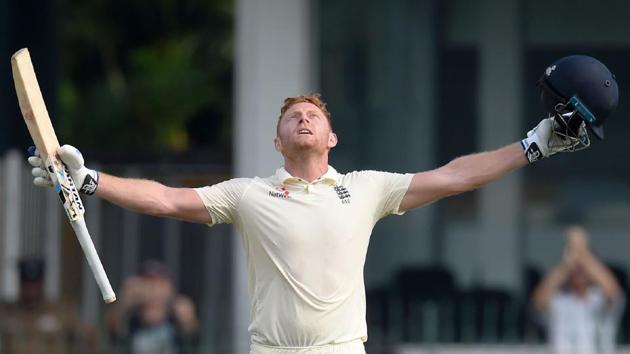 England's Jonny Bairstow celebrates after scoring a century (100 runs) during the first day of the third Test match between Sri Lanka and England at the Sinhalese Sports Club (SSC) international cricket stadium in Colombo. (AFP) England's Jonny Bairstow celebrates after scoring a century (100 runs) during the first day of the third Test match between Sri Lanka and England at the Sinhalese Sports Club (SSC) international cricket stadium in Colombo. (AFP)