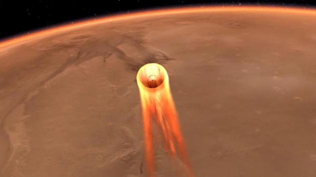 This artist's impression obtained from NASA shows InSight's entry, descent and landing at Mars.(AFP)