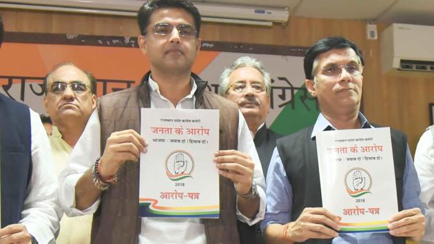 Rajasthan Congress president Sachin Pilot on Thursday released a ‘charge sheet’ against the Vasundhara Raje government ahead of assembly election in the state.(HT Photo) Rajasthan Congress president Sachin Pilot on Thursday released a ‘charge sheet’ against the Vasundhara Raje government ahead of assembly election in the state.(HT Photo)