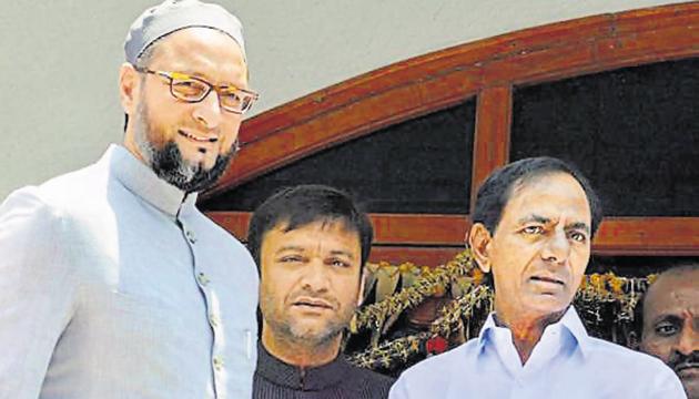 MIM President Asaduddin and Akbaruddin Owaisi with TRS President K. Chandrasekhar Rao. (PTI file photo) MIM President Asaduddin and Akbaruddin Owaisi with TRS President K. Chandrasekhar Rao. (PTI file photo)