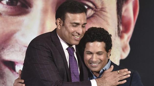 Former cricketers VVS Laxman and Sachin Tendulkar at the launch of Laxman's autobiography '281 and Beyond', in Mumbai.(AP)