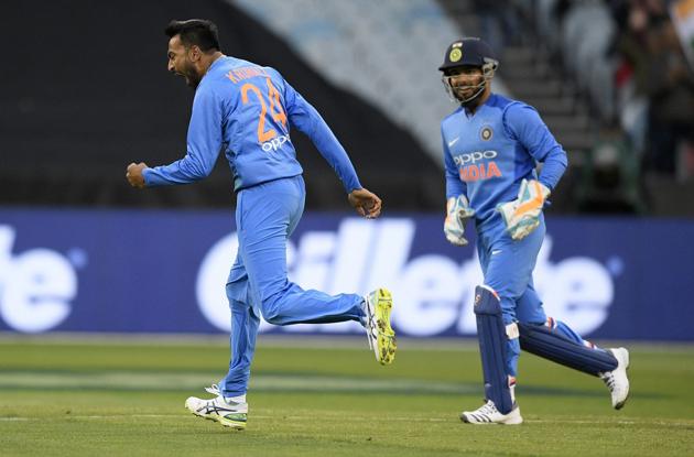 Krunal Pandya celebrates after taking the wicket of Australia's Glenn Maxwell. (AP) Krunal Pandya celebrates after taking the wicket of Australia's Glenn Maxwell. (AP)
