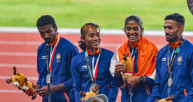 Silver medallist athletes Mohammad Anas Yahiya, Hima Das, MR Poovamma and Arokia Rajiv at the Asian Games in August. Never before have we fired across sports at the same time.(Shahbaz Khan / PTI) Silver medallist athletes Mohammad Anas Yahiya, Hima Das, MR Poovamma and Arokia Rajiv at the Asian Games in August. Never before have we fired across sports at the same time.(Shahbaz Khan / PTI)