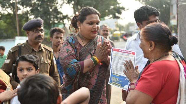 Bala Vaishwara, 28, transgender women candidate from Indore-2 assembly constituency conducting her door-to-door campaign near Kabeet Khedi in Indore, Madhya Pradesh. (Mujeeb Faruqui/HT Photo) Bala Vaishwara, 28, transgender women candidate from Indore-2 assembly constituency conducting her door-to-door campaign near Kabeet Khedi in Indore, Madhya Pradesh. (Mujeeb Faruqui/HT Photo)