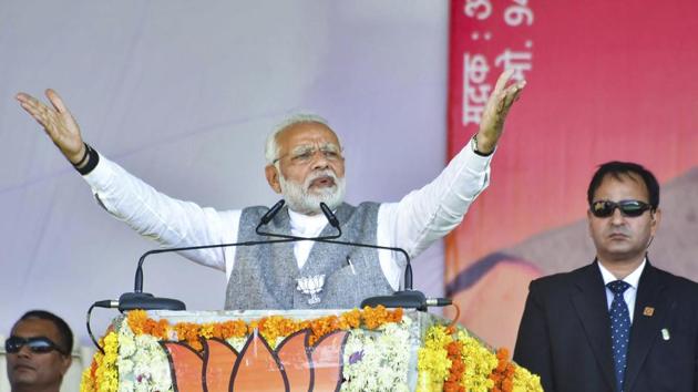 Prime Minister Narendra Modi addresses a public rally ahead of state assembly elections, in Chhatarpur on November 24.(PTI Photo)