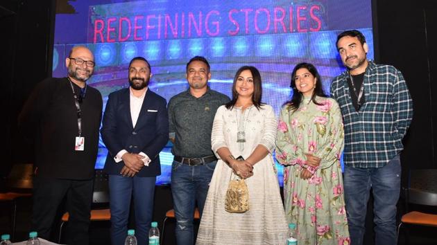 Panaji: Actors Rahul Bose, Rajshri Deshpande, Divya Dutta and Pankaj Tripathi with filmmaker Nila Madhab Panda at the 'Redefining Stories' session during the 49th International Film Festival of India (IFFI-2018) in Panaji, Goa.(IANS)