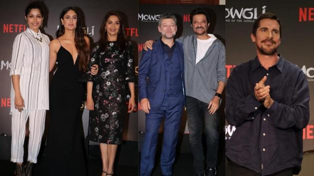 Freida Pinto, Kareena Kapoor, Madhuri Dixit, Andy Serkis, Anil Kapoor and Christian Bale at the press conference of Netflix’s Mowgli: The Legend of the Jungle in Mumbai.(Viral Bhayani)