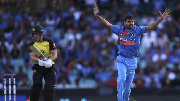 India's Bhuvneshwar Kumar, right, appeals unsuccessfully for a LBW against Australia's Aaron Finch. (AP) India's Bhuvneshwar Kumar, right, appeals unsuccessfully for a LBW against Australia's Aaron Finch. (AP)