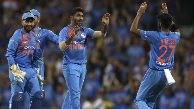 India's Jasprit Bumrah, centre, is congratulated by teammates after running out Australia's Chris Lynn. (AP) India's Jasprit Bumrah, centre, is congratulated by teammates after running out Australia's Chris Lynn. (AP)