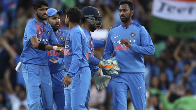 India's Kuldeep Yadav is congratulated by teammates after taking the wicket of Australia's Aaron Finch. (AP) India's Kuldeep Yadav is congratulated by teammates after taking the wicket of Australia's Aaron Finch. (AP)