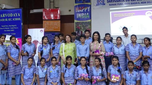 Students during a workshop on "menstrual awareness and hygiene" in Sarvodaya co-ed Senior Secondary School in Nanak Puri.(NGO Sacchi Sahel)