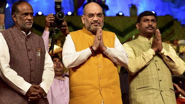 Hyderabad: BJP president Amit Shah participates in Koti Deepothsavam in Hyderabad , Sunday, Nov 25, 2018. (PTI Photo)(PTI)