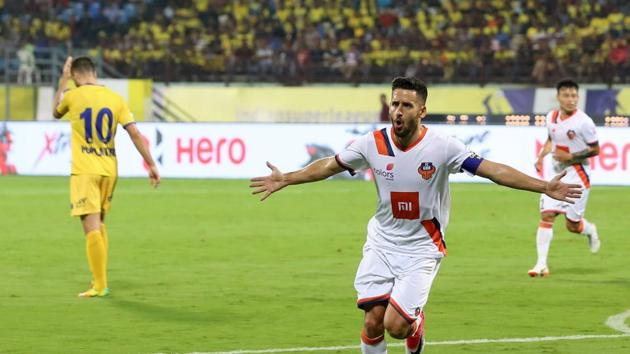 Ferran Corominas Telechea of FC Goa celebrates after scoring a goal.(ISL Image)