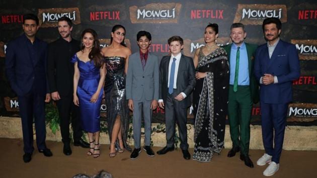 Abhishek Bachchan, Christian Bale, Madhuri Dixit, Kareena Kapoor Khan, Rohan Chand, Freida Pinto, Andy Serkis and Anil Kapoor at the world premiere of Mowgli: Legend of the Jungle in Mumbai.(Viral Bhayani)