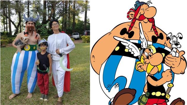 Aamir dressed up as Obelix, Azad as Asterix and Kiran Rao as Getafix the Druid with their dog as Dogmatix.(Twitter)