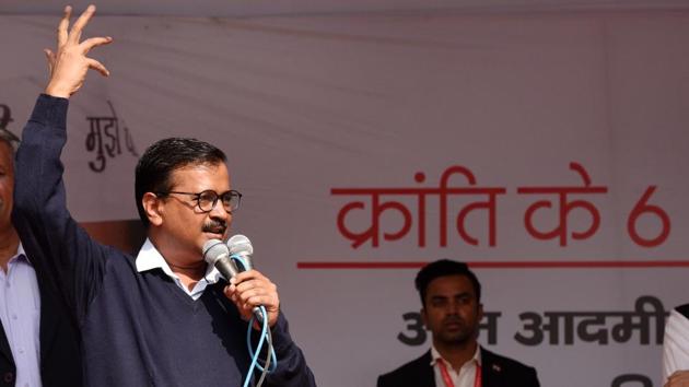 Delhi CM Arvind Kejriwal on Monday claimed the AAP government in the national capital did “much more” than what PM Narendra Modi did in Gujarat in the last 12 years. Kejriwal made the remarks on the sixth foundation day of the AAP. Congratulating party workers and supporters, he said the AAP’s political revolution against corruption and communalism is going on despite obstacles. (Mohd Zakir / HT Photo) 