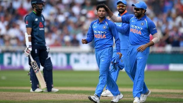 Kuldeep Yadav of India celebrates with Rohit Sharma after dismissing David Willey of England during the Royal London One-Day match between England and India at Trent Bridge on July 12, 2018 in Nottingham, England.(Getty Images)