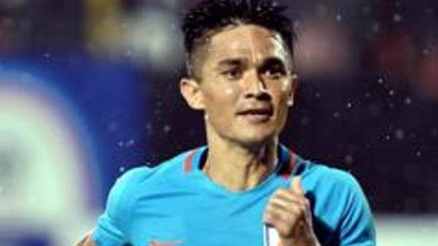 unil Chhetri (Blue jersey no. 11) celebrates after striking a goal against Kenya during the Hero Intercontinental football Cup.(PTI) unil Chhetri (Blue jersey no. 11) celebrates after striking a goal against Kenya during the Hero Intercontinental football Cup.(PTI)