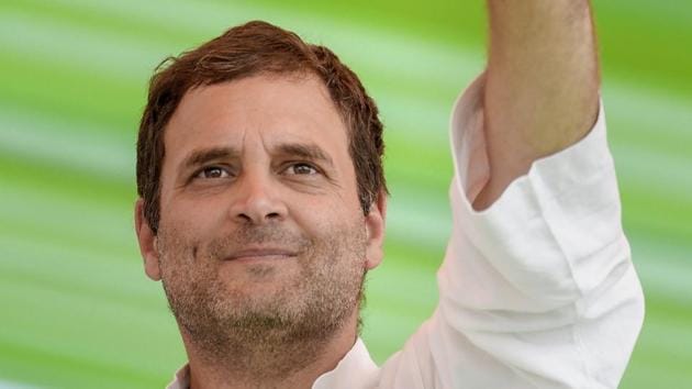 Congress president Rahul Gandhi waves during a public meeting at Rajkiya Mahavidyalaya Ground in Pokhran on November 26.(PTI Photo)