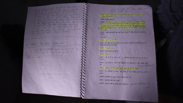 A close-up of Rahul Vajpayi’s script for a play. Vajpayi is a member of Coronation Arts Theatre, one of 12 theatre groups active in Shahjahanpur. He and the battery of around 400 theatre artistes in town draw inspiration from actor-comedian Rajpal Yadav, a Shahjahanpur boy, who made it big in Bollywood. “More than half the actors currently active here come from Rajpal dada’s belt,” says Vajpayi. (Burhaan Kinu / HT Photo) A close-up of Rahul Vajpayi’s script for a play. Vajpayi is a member of Coronation Arts Theatre, one of 12 theatre groups active in Shahjahanpur. He and the battery of around 400 theatre artistes in town draw inspiration from actor-comedian Rajpal Yadav, a Shahjahanpur boy, who made it big in Bollywood. “More than half the actors currently active here come from Rajpal dada’s belt,” says Vajpayi. (Burhaan Kinu / HT Photo)