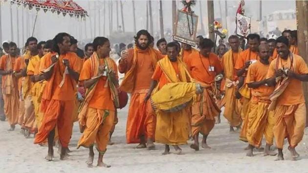 Sadhus of Kriya Yog Akhara at the Maha Kumbh Mela in Allahabad.(HT File Photo)