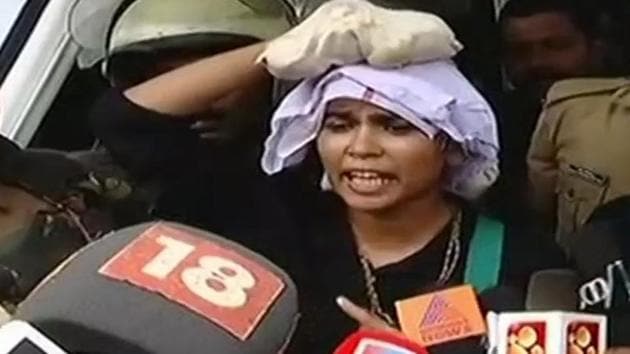 Rehana Fathima was booked by police under Section 295 A (outraging religious feeling and creating enmity between different communities) of IPC after a Sabarimala devotee complained against her social media post.(ANI/Twitter)