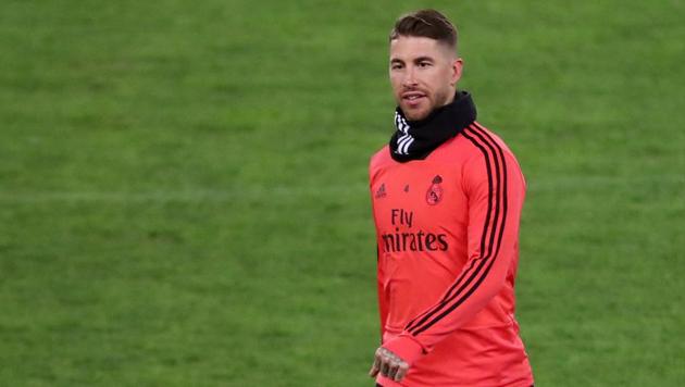 Real Madrid's Sergio Ramos during training.(REUTERS)