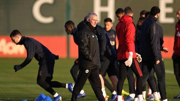Manchester United's manager Jose Mourinho (centre) during training on Monday.(AFP)