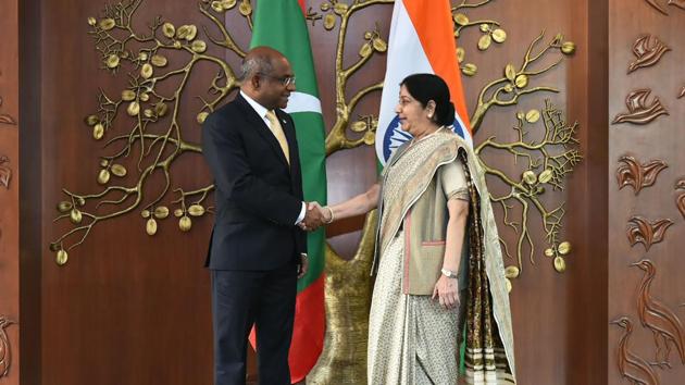 External affairs minister Sushma Swaraj meets with her Maldives counterpart Abdulla Shahid in New Delhi.(AFP Photo/MEA)