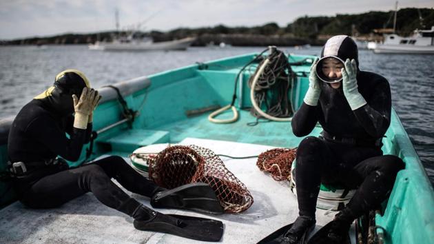 An ama duo puts on masks before diving. Historical artefacts suggest the tradition in Japan dates back “at least 3,000 years,” said Shuzo Kogure, an ama specialist and researcher at the Tokyo University of Marine Science and Technology. And while the profession has never been restricted to women, it is the female ama who have attracted the most attention. (Martin Bureau / AFP)