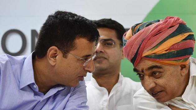 Manvendra Singh (right), former BJP MLA from Sheo, is contesting the December 7 assembly electin in Rajasthan on a Congress ticket. He is seen here with senior Congress leader Randeep Singh Surjewala, after he joined Congress party at AICC in New Delhi, on , October 17, 2018. (Vipin Kumar/HT File) Manvendra Singh (right), former BJP MLA from Sheo, is contesting the December 7 assembly electin in Rajasthan on a Congress ticket. He is seen here with senior Congress leader Randeep Singh Surjewala, after he joined Congress party at AICC in New Delhi, on , October 17, 2018. (Vipin Kumar/HT File)