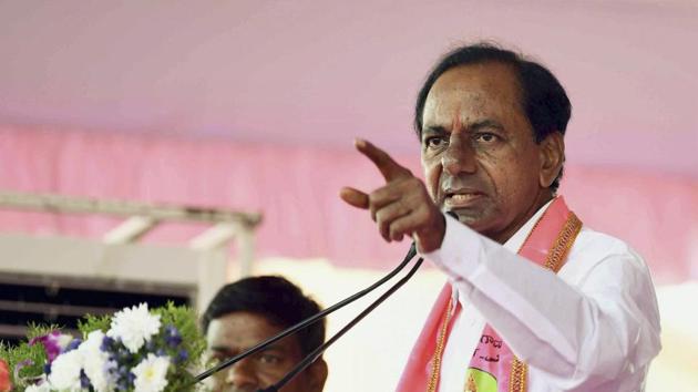 TRS president and caretaker chief minister of Telangana K Chandrasekhar Rao addresses a party public meeting at Armoor, in Nizamabad district of Telangana on November 22.(PTI Photo)