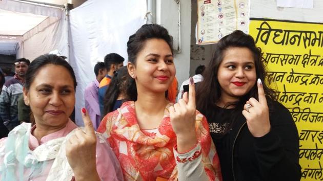 Women voters display their inked fingers after casting votes in Bhopal. (Mujeeb Faruqui/HT Photo) Women voters display their inked fingers after casting votes in Bhopal. (Mujeeb Faruqui/HT Photo)
