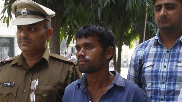 Sunil Kumar (in blue shirt) has confessed to the rape and murder of at least 15 girls in Gurugram, Gwalior and Jhansi. (Yogendra Kumar/HT PHOTO) Sunil Kumar (in blue shirt) has confessed to the rape and murder of at least 15 girls in Gurugram, Gwalior and Jhansi. (Yogendra Kumar/HT PHOTO)