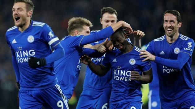 Leicester City's Nampalys Mendy celebrates with team mates after scoring the winning penalty. (Action Images via Reuters) Leicester City's Nampalys Mendy celebrates with team mates after scoring the winning penalty. (Action Images via Reuters)