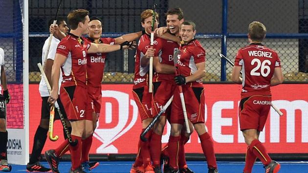 Belgium players Felix Denayer with teammates celebrates after hitting a goal against Canada during Men's Hockey World Cup 2018, at Kalinga Stadium in Bhubaneswar(PTI)