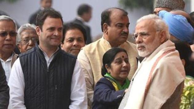 Prime Minister Narendra Modi, Sushma Swaraj and Rahul Gandhi.(Sushil Kumar/HT file Photo)
