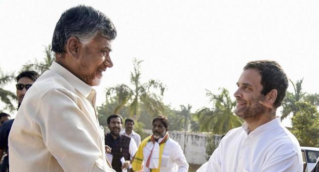 Khammam: Congress President Rahul Gandhi being greeted by Andhra Pradesh Chief Minister Chandrababu Naidu during an election campaign for Telangana Assembly elections, in Khammam, Telalngana, Wednesday, Nov 28, 2018. (PTI Photo) (PTI11_28_2018_000158B)(PTI)