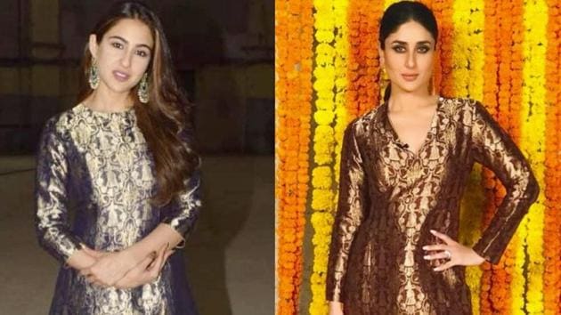 Do you prefer Sara Ali Khan’s sophisticated head-to-toe brocade suit or Kareena Kapoor’s brown and gold version? (Instagram)
