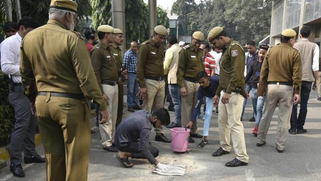 Police personnel seen at the spot after a Delhi police officer died on Thursday after allegedly jumping from the police headquarters building in Central Delhi’s ITO area. “Preliminary enquiry has revealed that the ACP was under depression. He was also undergoing treatment for some illness and had spent some time in GTB Hospital,” said Rajesh Khurana, joint commissioner of police (central range). (Raj K Raj / HT Photo) Police personnel seen at the spot after a Delhi police officer died on Thursday after allegedly jumping from the police headquarters building in Central Delhi’s ITO area. “Preliminary enquiry has revealed that the ACP was under depression. He was also undergoing treatment for some illness and had spent some time in GTB Hospital,” said Rajesh Khurana, joint commissioner of police (central range). (Raj K Raj / HT Photo)