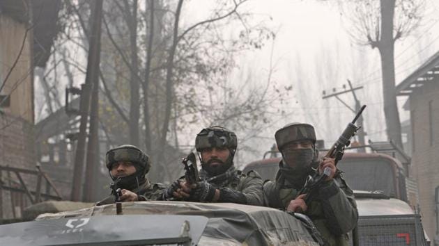 Srinagar: Army soldiers seen near the site of encounter in Chattergam, Budgam district, central Kashmir, India, on Wednesday, November 28, 2018 in which Lashkar-e-Taiba commander Naveed Jatt was killed. November has been a month of reverses for militants who have seen at least nine top commanders killed (File Photo)(HT) Srinagar: Army soldiers seen near the site of encounter in Chattergam, Budgam district, central Kashmir, India, on Wednesday, November 28, 2018 in which Lashkar-e-Taiba commander Naveed Jatt was killed. November has been a month of reverses for militants who have seen at least nine top commanders killed (File Photo)(HT)