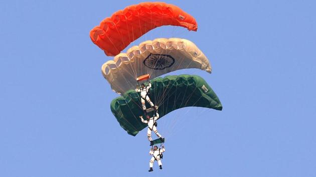 Para jumping during the PT and Equitation display at NDA on Thursday.  (RAHUL RAUT/HT PHOTO) 