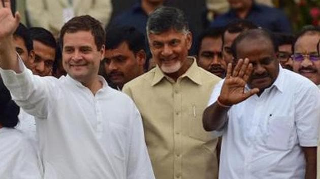 Rahul Gandhi with Chief minister of Andra Pradesh Chandrababu Naidu and JDS leader HD Kumaraswamy. (AFP file photo) Rahul Gandhi with Chief minister of Andra Pradesh Chandrababu Naidu and JDS leader HD Kumaraswamy. (AFP file photo)