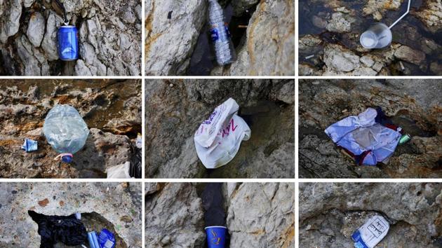 Items of trash thrown on the rocky coastal area of the Mediterranean Sea. “These days if a fish comes our way it will only find nylon bags, garbage and sewage to feed on,” he said, lamenting over people who eat and drink as they walk on the corniche and then toss their cans, tins and other containers in the sea. (Hassan Ammar / AP) Items of trash thrown on the rocky coastal area of the Mediterranean Sea. “These days if a fish comes our way it will only find nylon bags, garbage and sewage to feed on,” he said, lamenting over people who eat and drink as they walk on the corniche and then toss their cans, tins and other containers in the sea. (Hassan Ammar / AP)