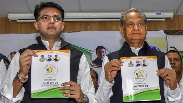 Rajasthan Congress chief Sachin Pilot and former Rajasthan chief minister and Congress general secretary Ashok Gehlot release the party manifesto for the Rajasthan Assembly elections 2018, in Jaipur.(PTI)