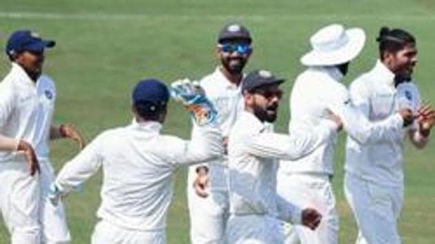File image of India skipper Virat Kohli celebrating the fall of a wicket with his teammates.(AFP)
