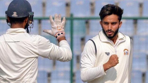 Punjab bowler Mayank Mankande celebrates after taking the wicket during Ranji Trophy cricket match against Delhi.(PTI)