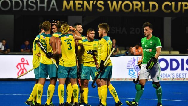 Australia's players celebrate after scoring a goal during the field hockey group stage match between Australia and Ireland at the 2018 Hockey World Cup in Bhubaneswar on November 30, 2018(AFP) Australia's players celebrate after scoring a goal during the field hockey group stage match between Australia and Ireland at the 2018 Hockey World Cup in Bhubaneswar on November 30, 2018(AFP)