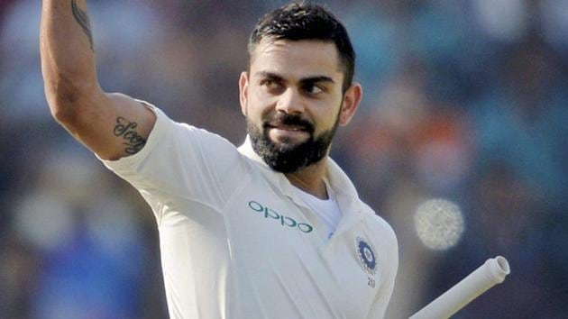 Virat Kohli celebrates after his double-century during Day 3 of the 2nd cricket test match against Sri Lanka in Nagpur.(PTI)