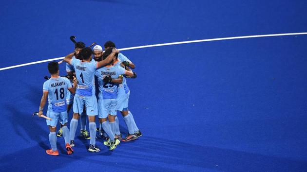 BHUBANESWAR, INDIA - NOVEMBER 28: Simranjeet Singh of India celebrates with teammates after scoring during the FIH Men's Hockey World Cup Pool C match between India and South Africa at Kalinga Stadium on November 28, 2018 in Bhubaneswar, India.(Getty Images for FIH)